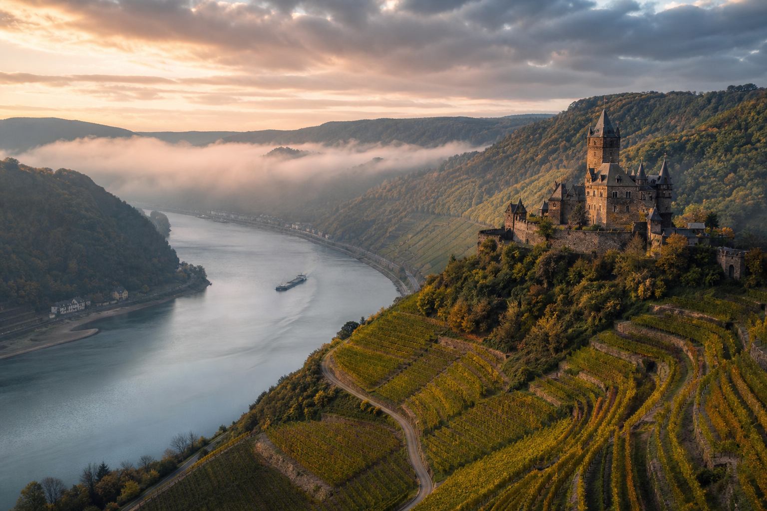 Rheintal mit Burg über dem Fluss